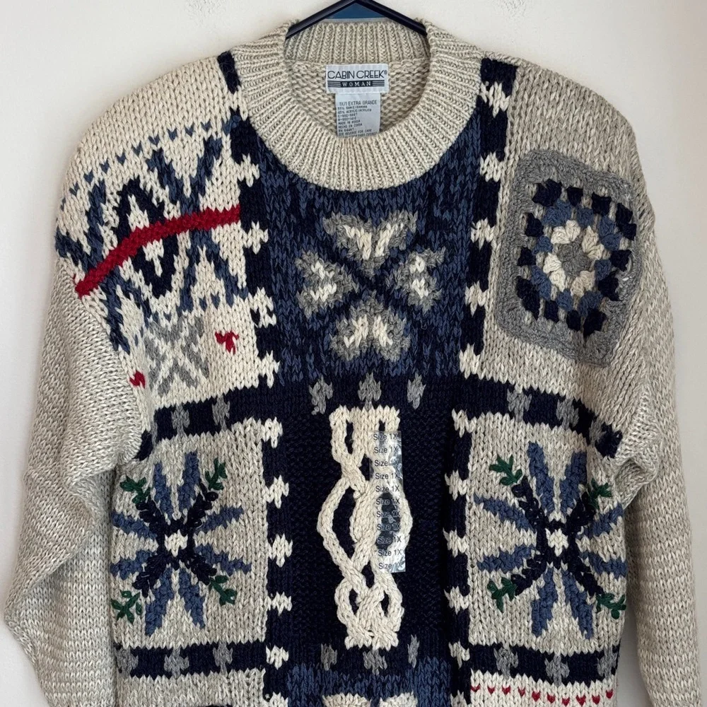 Vintage cabin creek granny square 3D Cable Knit Crewneck Sweater Womens 1X NWT